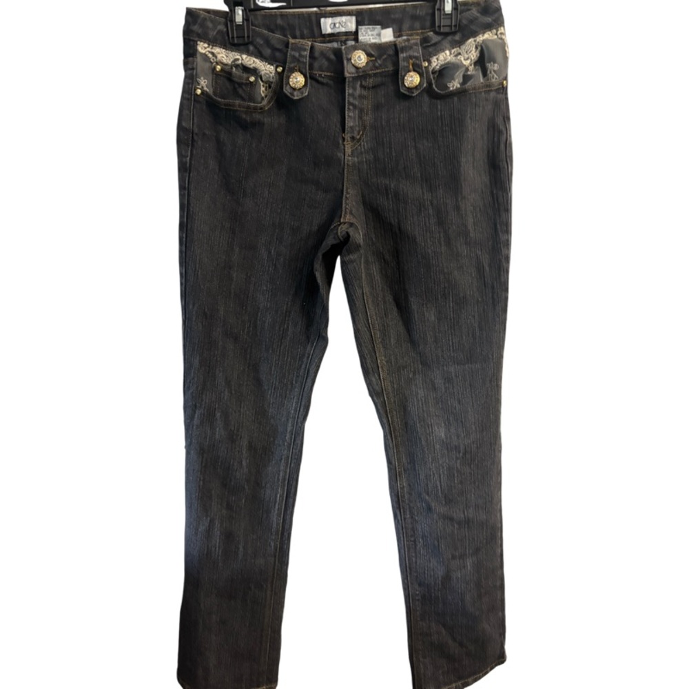 Caché Dark Wash Lace Accent Straight Leg Jeans Size 10